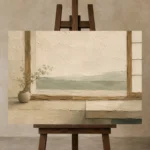 Sage Tea House Minimalist Wall Art Canvas Print displayed on a studio easel