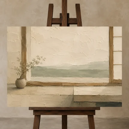 Sage Tea House Minimalist Wall Art Canvas Print displayed on a studio easel