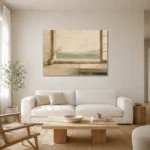 Sage Tea House Minimalist Wall Art Canvas Print styled in a refined neutral interior