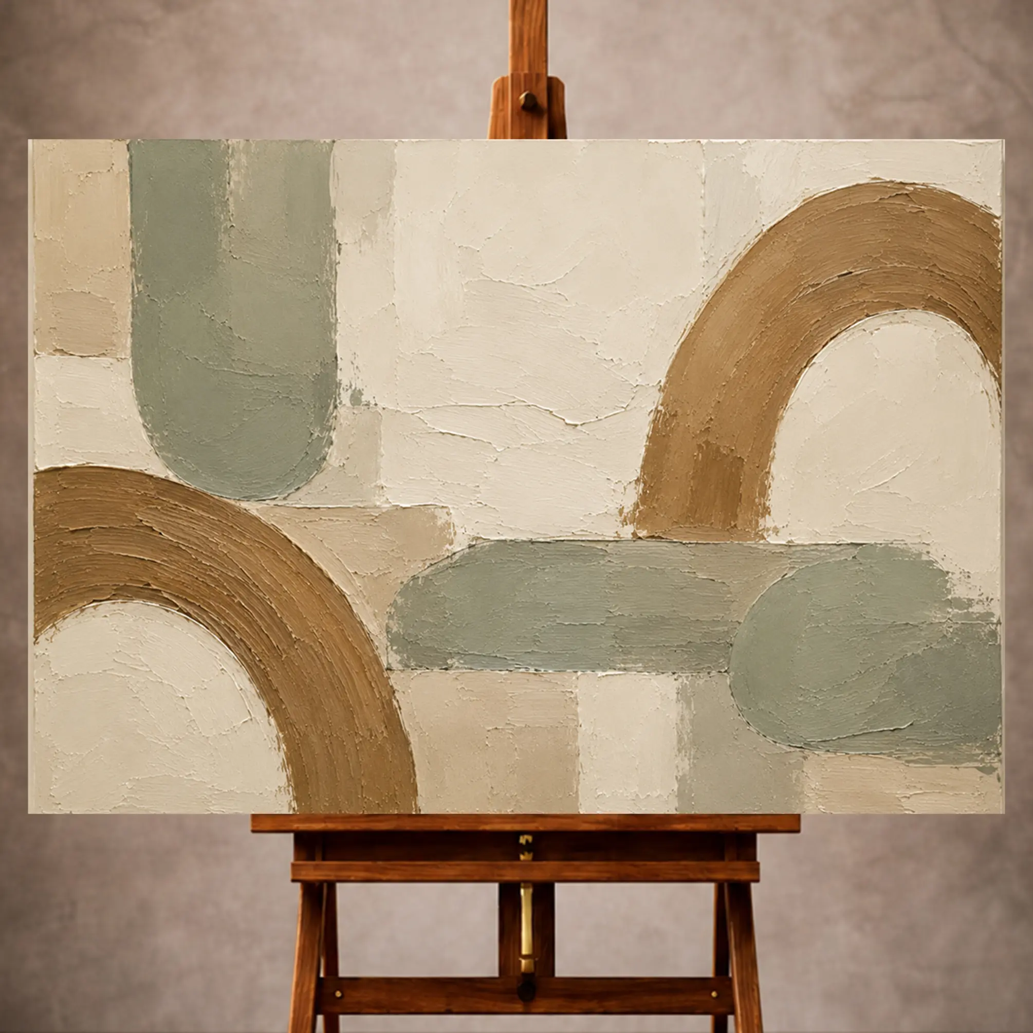 Premium Wall Art Yatay Html Edition – MINIMALIST072 Image 1 Sage and cedar Minimalist Wall Art print featuring broad abstract arches and softened blocks for elegant interiors
