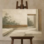 Sage Zen Courtyard Minimalist Wall Art Canvas Print displayed on a studio easel