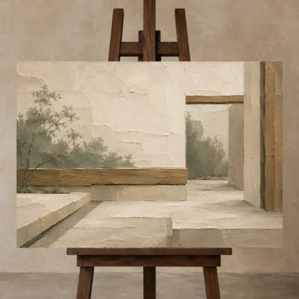 Sage Zen Courtyard Minimalist Wall Art Canvas Print displayed on a studio easel