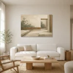 Sage Zen Courtyard Minimalist Wall Art Canvas Print styled in a refined neutral interior