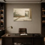Sage Zen Courtyard Minimalist Wall Art Canvas Print displayed in a contemporary gallery-inspired room