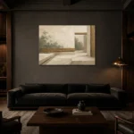 Sage Zen Courtyard Minimalist Wall Art Canvas Print shown in a warm modern interior