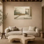 Sage Zen Courtyard Minimalist Wall Art Canvas Print presented in a sophisticated home setting