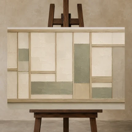 Sage Shoji Panel Minimalist Wall Art Canvas Print displayed on a studio easel