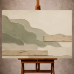 Moss-sage Minimalist Wall Art print featuring flowing organic forms and birch-wood bands for elegant interiors