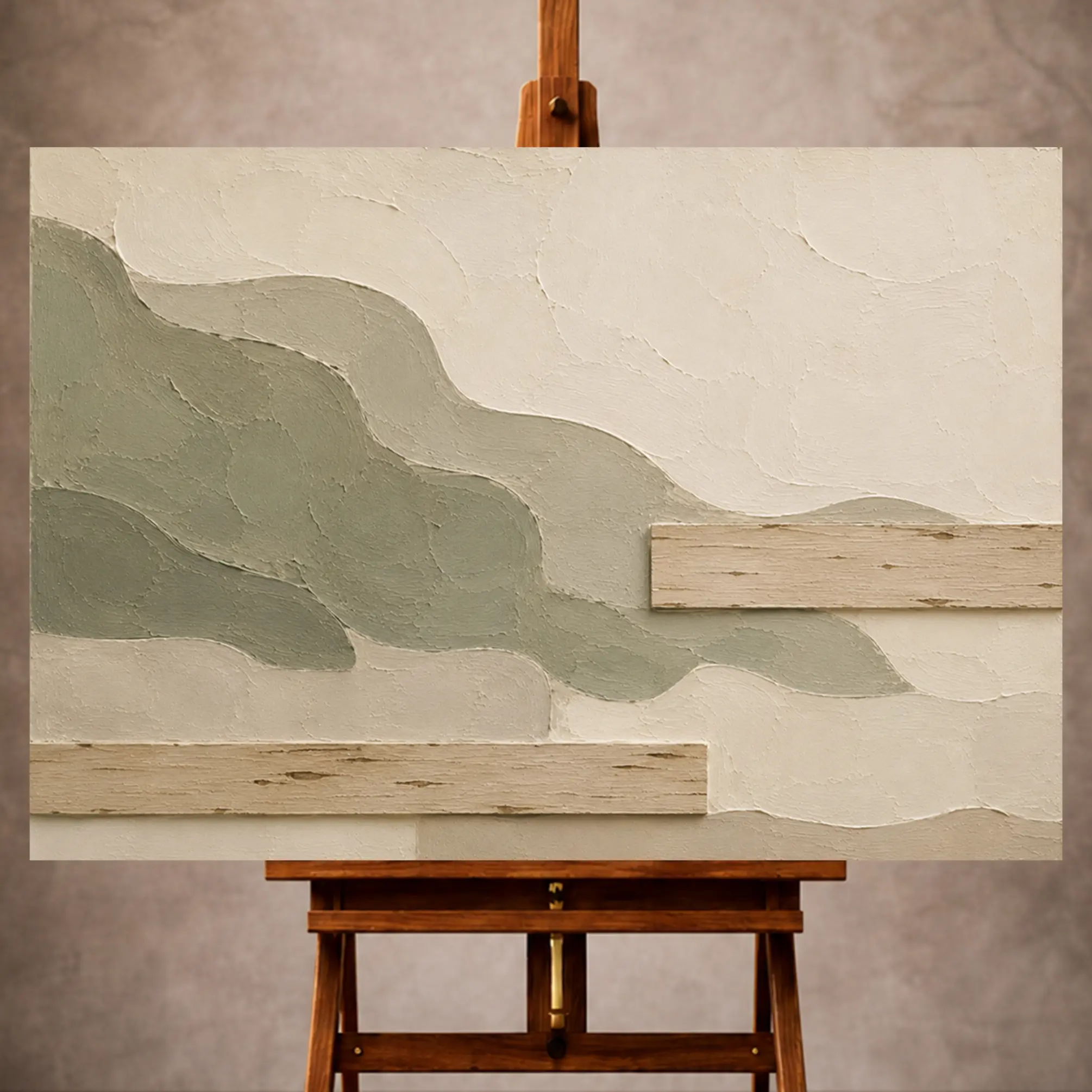 Premium Wall Art Yatay Html Edition – MINIMALIST075 Image 1 Moss-sage Minimalist Wall Art print featuring flowing organic forms and birch-wood bands for elegant interiors