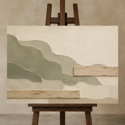 Moss Sage Japandi Minimalist Wall Art Canvas Print displayed on a studio easel