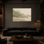 Moss Sage Japandi Minimalist Wall Art Canvas Print shown in a warm modern interior