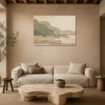 Moss Sage Japandi Minimalist Wall Art Canvas Print presented in a sophisticated home setting