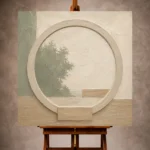 Sage and ivory Minimalist Wall Art print featuring an abstract moon gate and pale oak geometric base for elegant interiors