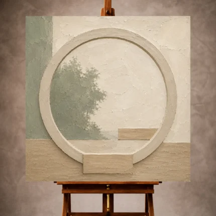 Sage and ivory Minimalist Wall Art print featuring an abstract moon gate and pale oak geometric base for elegant interiors