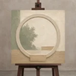 Sage Moon Gate Japandi Minimalist Wall Art Canvas Print displayed on a studio easel