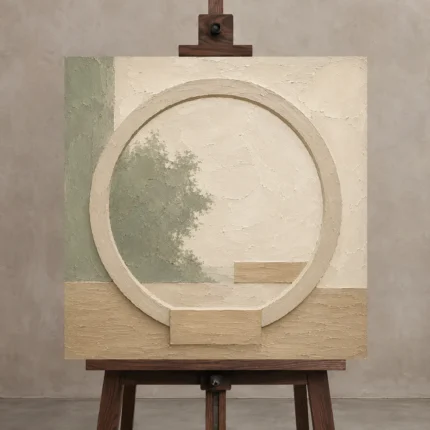 Sage Moon Gate Japandi Minimalist Wall Art Canvas Print displayed on a studio easel