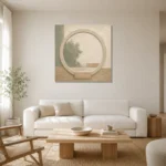 Sage Moon Gate Japandi Minimalist Wall Art Canvas Print styled in a refined neutral interior