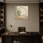 Sage Moon Gate Japandi Minimalist Wall Art Canvas Print displayed in a contemporary gallery-inspired room