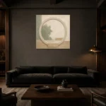 Sage Moon Gate Japandi Minimalist Wall Art Canvas Print shown in a warm modern interior