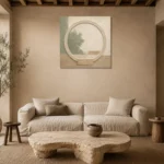 Sage Moon Gate Japandi Minimalist Wall Art Canvas Print presented in a sophisticated home setting