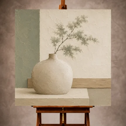 Sage Minimalist Wall Art print featuring a sculptural ceramic vessel and abstract branch for elegant interiors