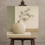 Sage Ceramic Still Life Minimalist Wall Art Canvas Print displayed on a studio easel
