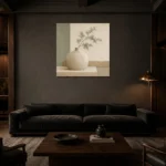 Sage Ceramic Still Life Minimalist Wall Art Canvas Print shown in a warm modern interior
