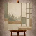 Sage and ivory Minimalist Wall Art print featuring shoji panels, a distant forest, and warm wood forms for elegant interiors