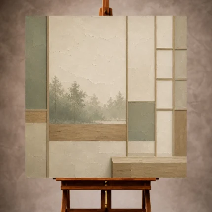 Sage and ivory Minimalist Wall Art print featuring shoji panels, a distant forest, and warm wood forms for elegant interiors
