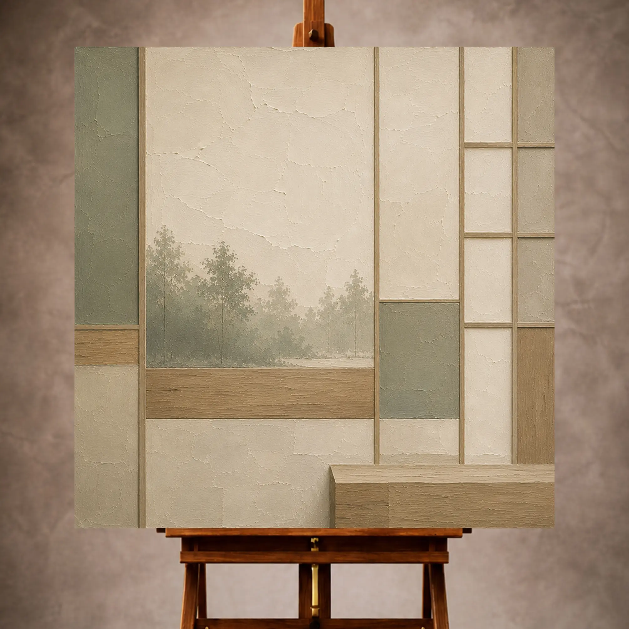 Premium Wall Art Kare Html Edition – MINIMALIST078 Image 1 Sage and ivory Minimalist Wall Art print featuring shoji panels, a distant forest, and warm wood forms for elegant interiors