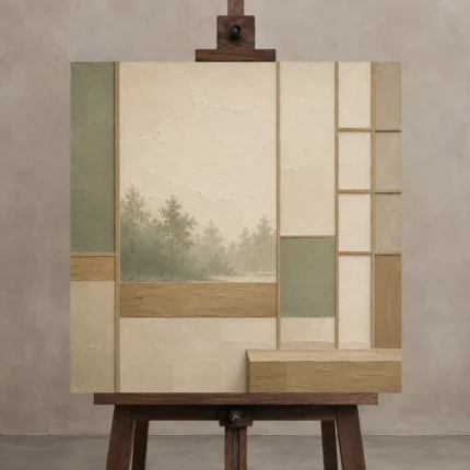 Sage Forest Shoji Minimalist Wall Art Canvas Print displayed on a studio easel