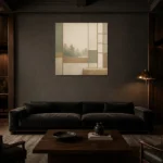 Sage Forest Shoji Minimalist Wall Art Canvas Print shown in a warm modern interior