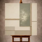 Sage and ivory Minimalist Wall Art print featuring tatami-inspired planes and ash-wood accents for elegant interiors