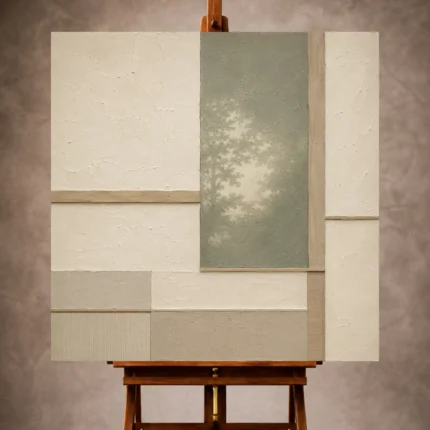 Sage and ivory Minimalist Wall Art print featuring tatami-inspired planes and ash-wood accents for elegant interiors
