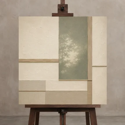 Sage Tatami Geometry Minimalist Wall Art Canvas Print displayed on a studio easel