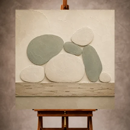 Sage and ivory Minimalist Wall Art print featuring pebble-like organic forms and a weathered wood band for elegant interiors