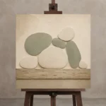 Sage Pebble Japandi Minimalist Wall Art Canvas Print displayed on a studio easel