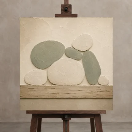 Sage Pebble Japandi Minimalist Wall Art Canvas Print displayed on a studio easel