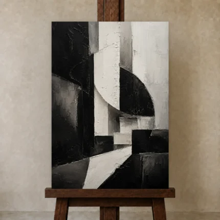 Black And White Geometric Monochrome Wall Art Canvas Print shown in Studio Easel