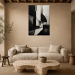 Black And White Geometric Monochrome Wall Art Canvas Print presented in a sophisticated home setting