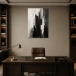 Black And White Abstract Monochrome Wall Art Canvas Print displayed in a contemporary gallery-inspired room