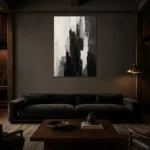 Black And White Abstract Monochrome Wall Art Canvas Print shown in a warm modern interior
