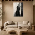 Black And White Abstract Monochrome Wall Art Canvas Print presented in a sophisticated home setting