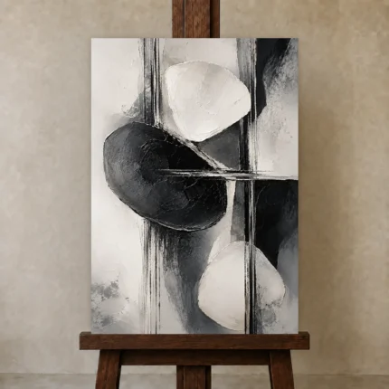 Black And White Organic Forms Monochrome Wall Art Canvas Print shown in Studio Easel