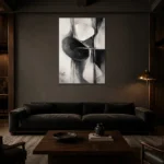 Black And White Organic Forms Monochrome Wall Art Canvas Print shown in a warm modern interior