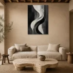 Flowing Curves Monochrome Wall Art Canvas Print presented in a sophisticated home setting