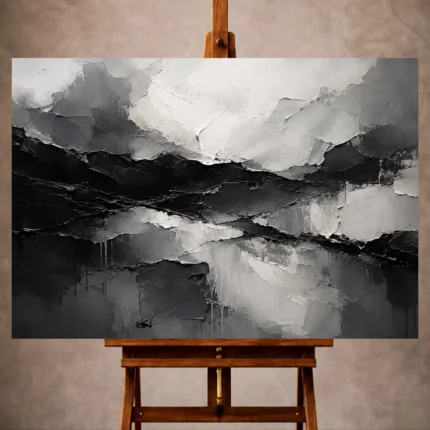 Black and white Monochrome Wall Art print featuring layered abstract planes, sculptural ridges, and fractured textures