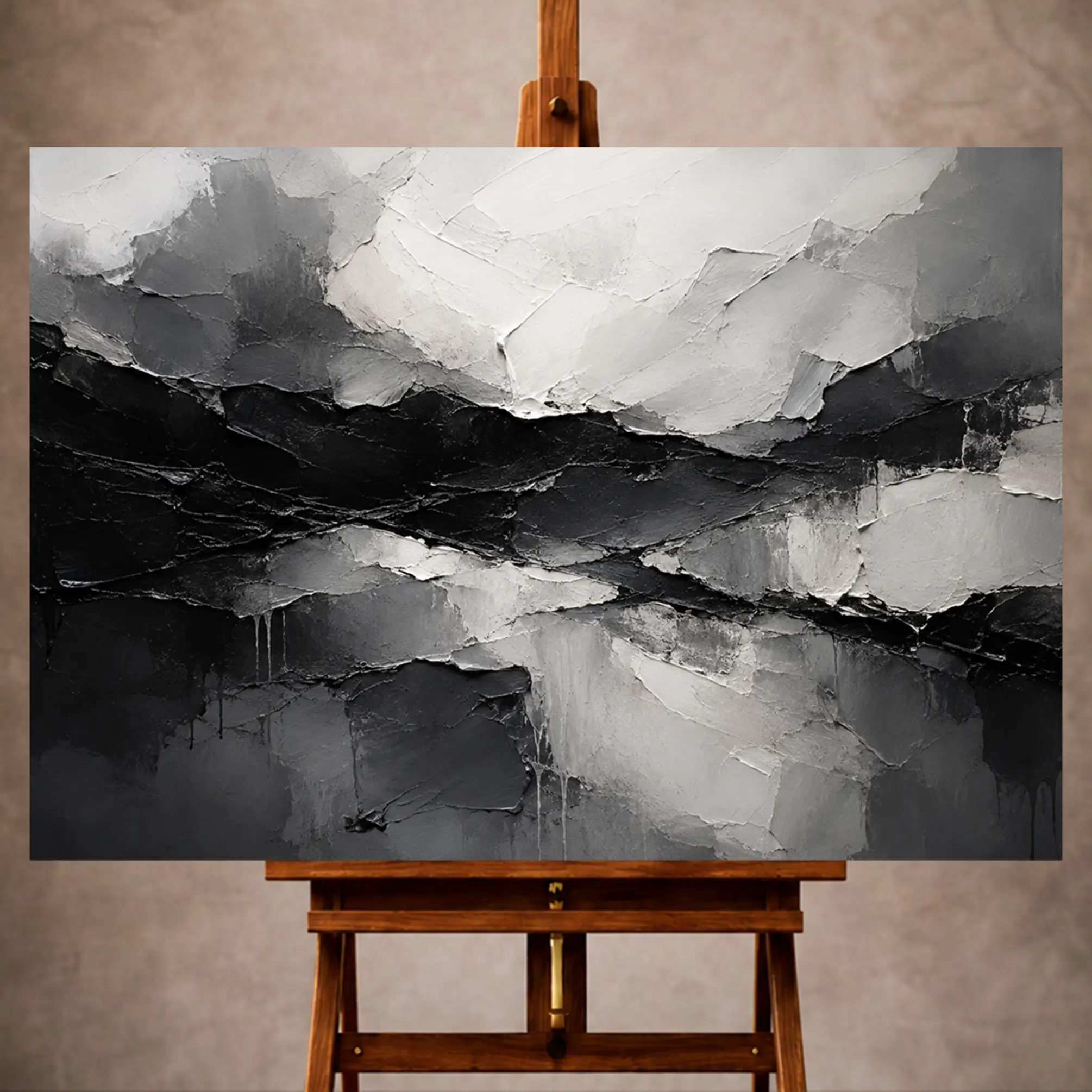 Premium Wall Art Yatay Html Edition – Monocrome011 Image 1 Black and white Monochrome Wall Art print featuring layered abstract planes, sculptural ridges, and fractured textures