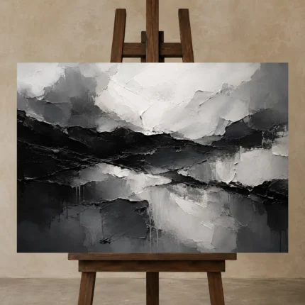 Layered Planes Monochrome Wall Art Canvas Print displayed on a studio easel