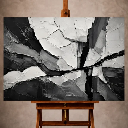 Black and white Monochrome Wall Art print featuring tectonic abstract layers and bold linear fissures for elegant interiors